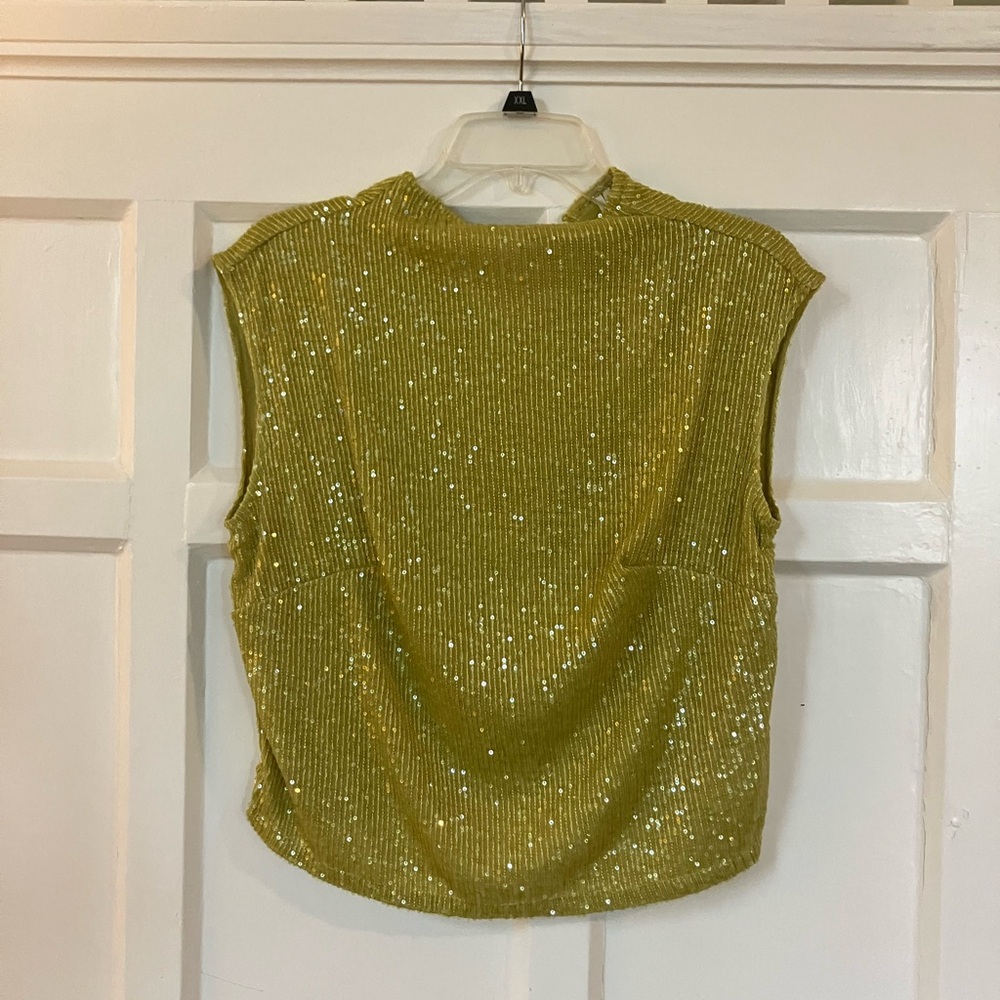 Anthropologie Chartreuse Green Sequin Blouse